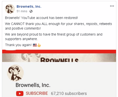 Brownells facebook page restored terminated censorship